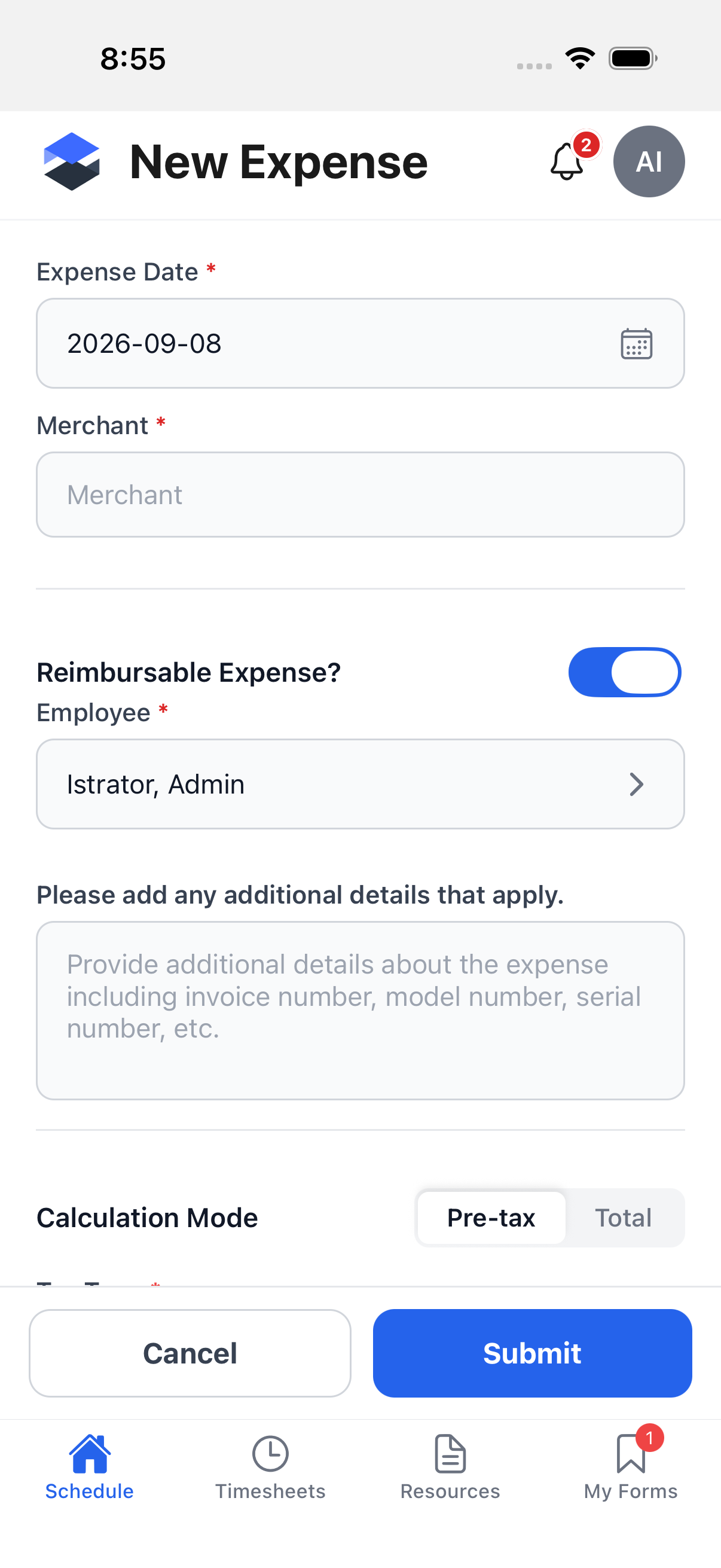 New Expense form showing Expense Date, Merchant, Reimbursable Expense toggle, Employee, and Additional Details fields