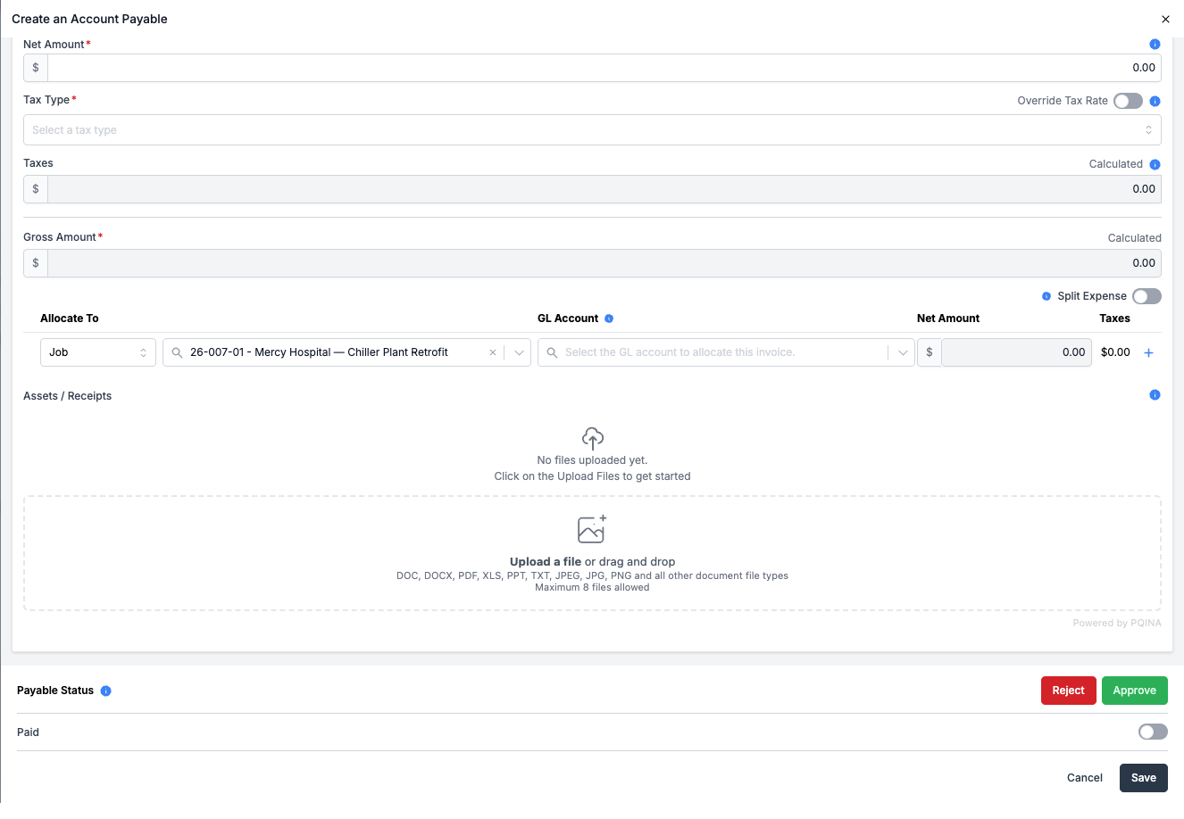 Create Account Payable form — the Allocate To grid with Job selected, a GL Account field, Net Amount, and the "+" button that adds a Cost Code sub-line