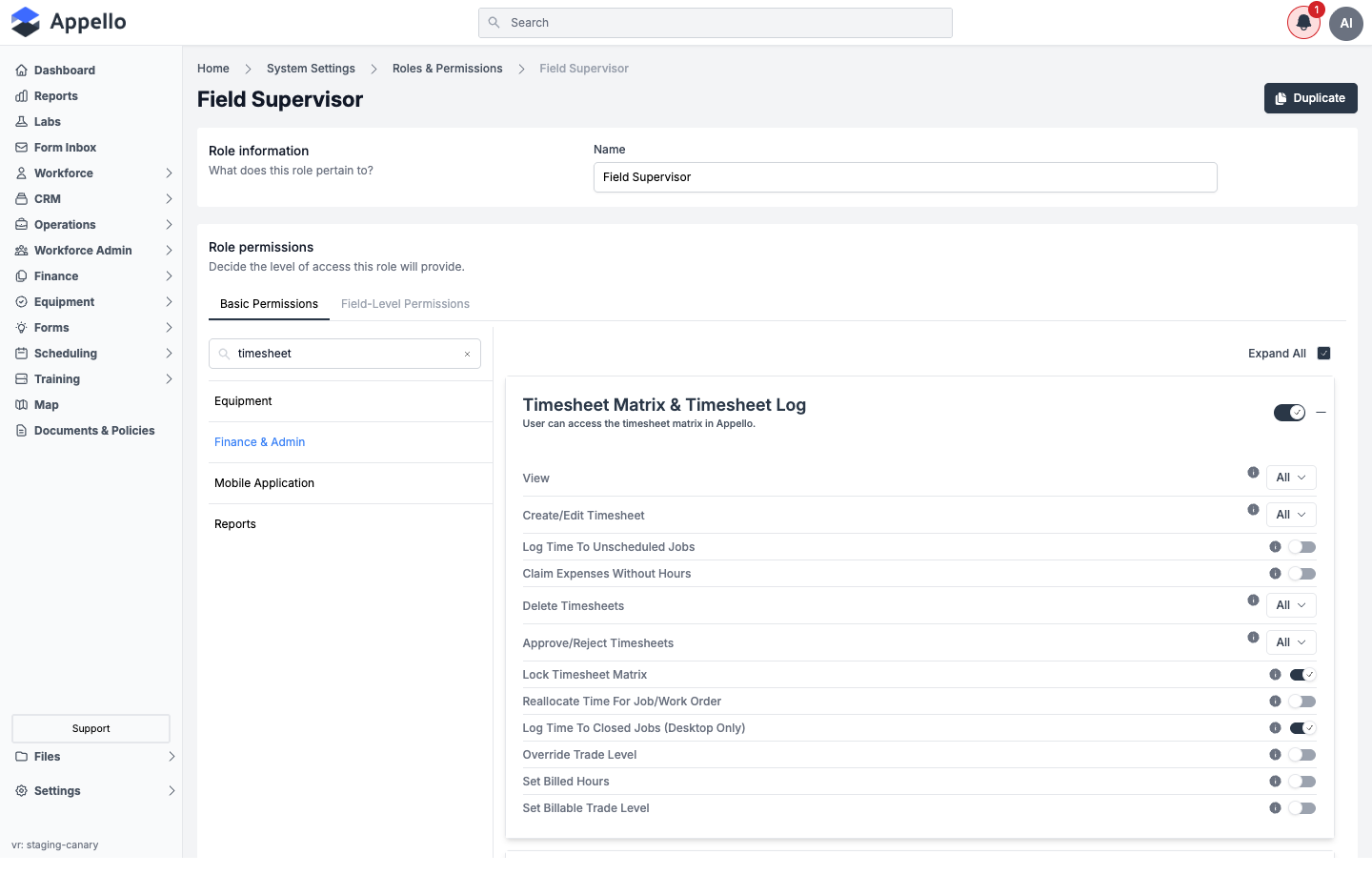 Timesheet Matrix & Timesheet Log permission card under the Finance & Admin category, showing Approve/Reject Timesheets and Lock Timesheet Matrix