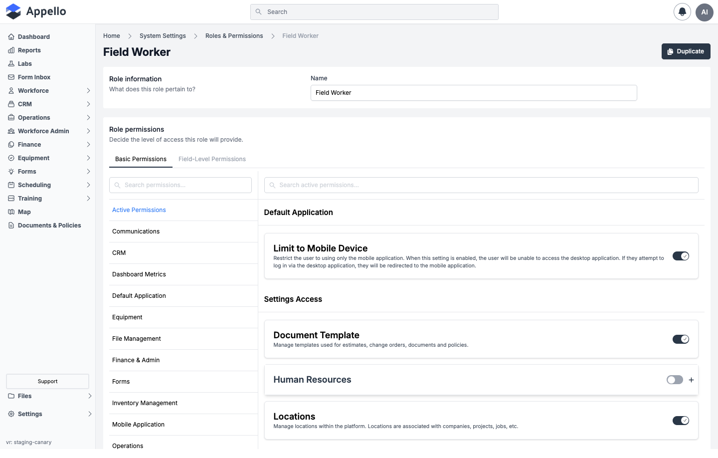 Role edit page — Role information name field, and the Role permissions tabs for a role