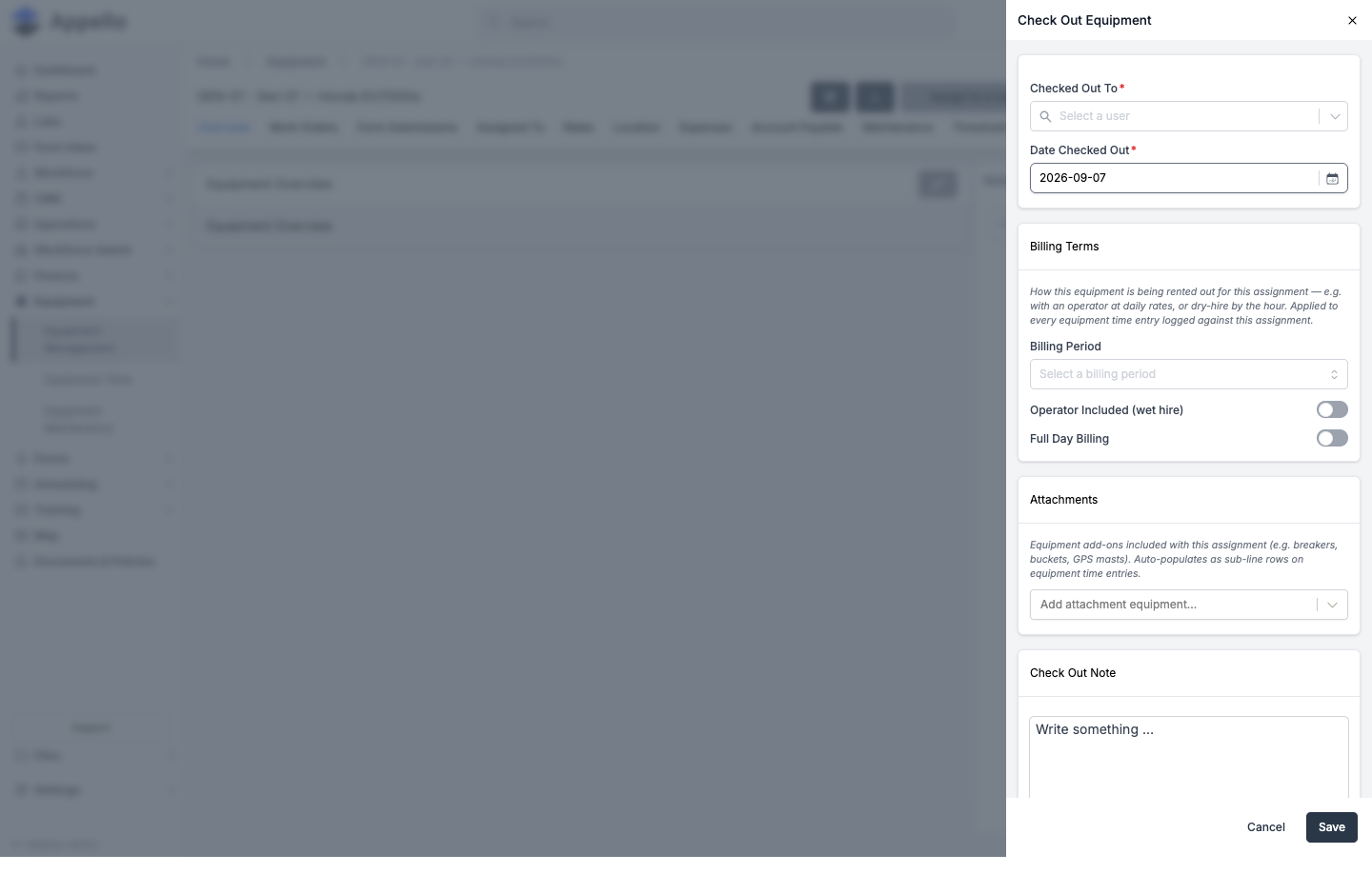 Check Out Equipment panel set to a user, with Checked Out To, Date Checked Out, Billing Terms, Attachments, and Check Out Note fields