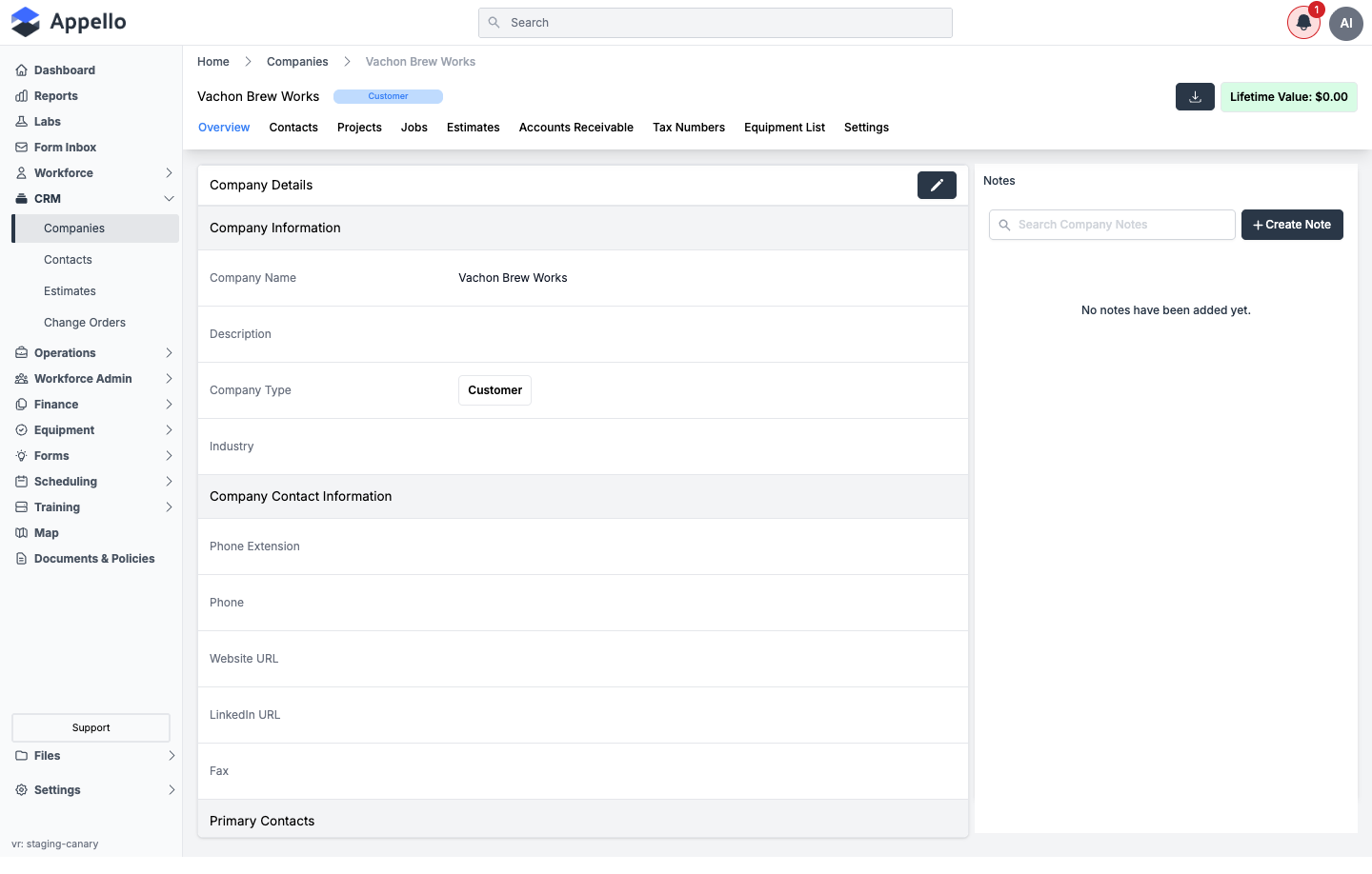 Company Overview tab showing Company Details on the left and the Notes panel with Create Note and Search Company Notes on the right