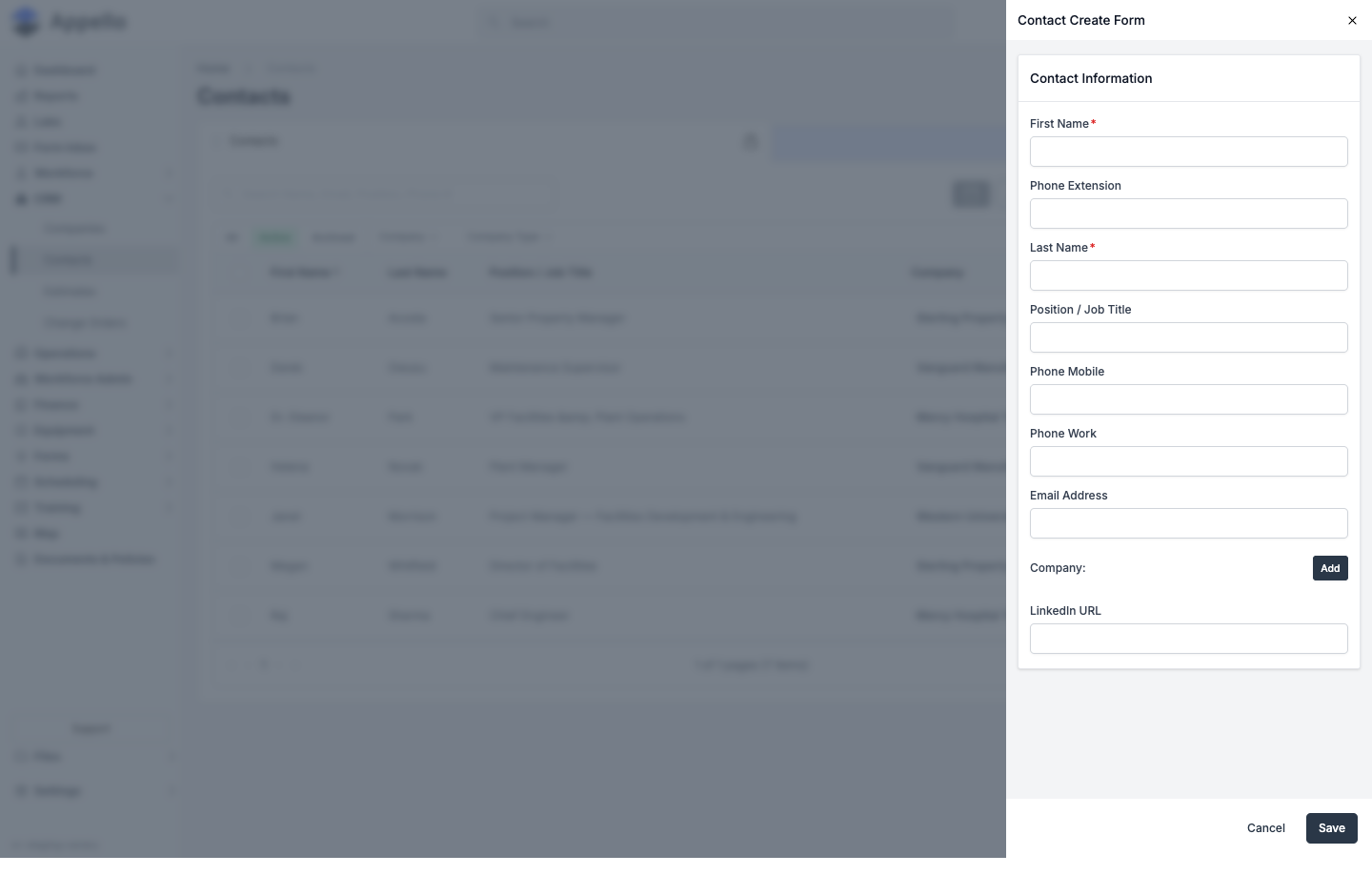 Contact Create Form flyout with First Name, Last Name, Position / Job Title, phone fields, Email Address, an Add button under Company, and LinkedIn URL