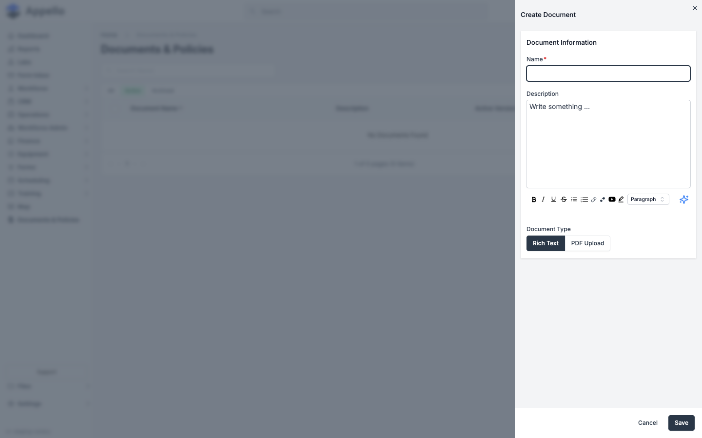 Create Document panel showing Name, Description, and the Rich Text / PDF Upload Document Type toggle