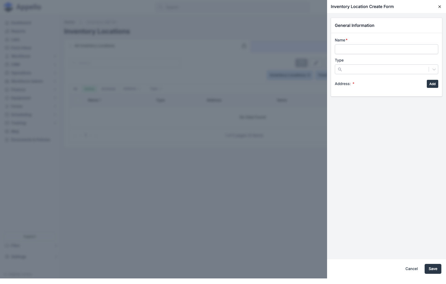 Inventory Location Create Form panel with Name, Type, and Address fields