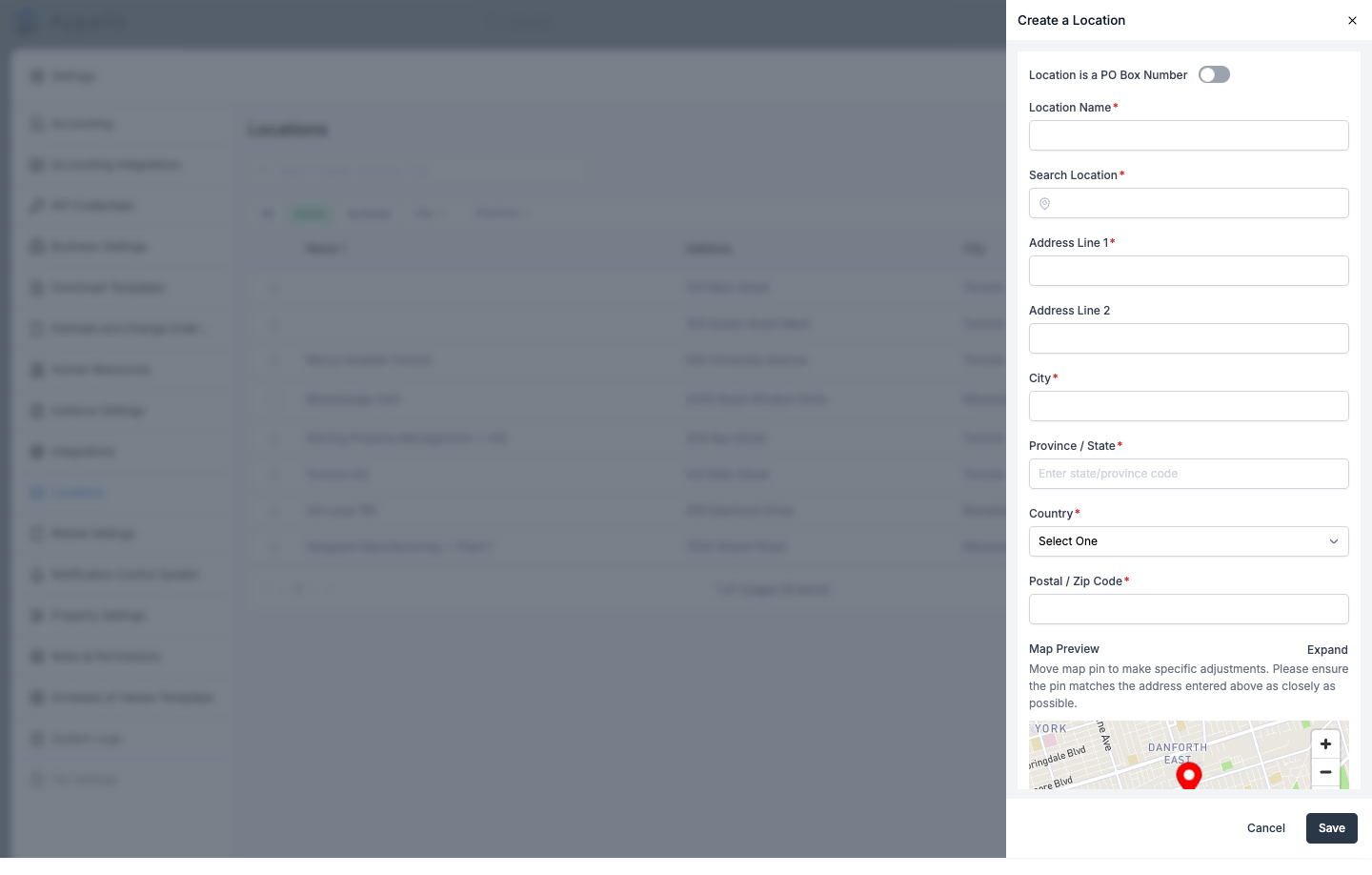 Create a Location panel with the PO Box toggle, address fields, Country dropdown, and a draggable map pin