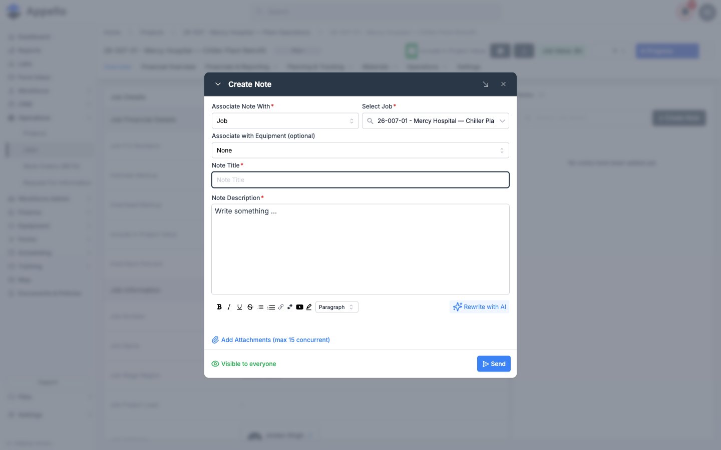 The Create Note form with Associate Note With, Select Job, Note Title, and Note Description fields