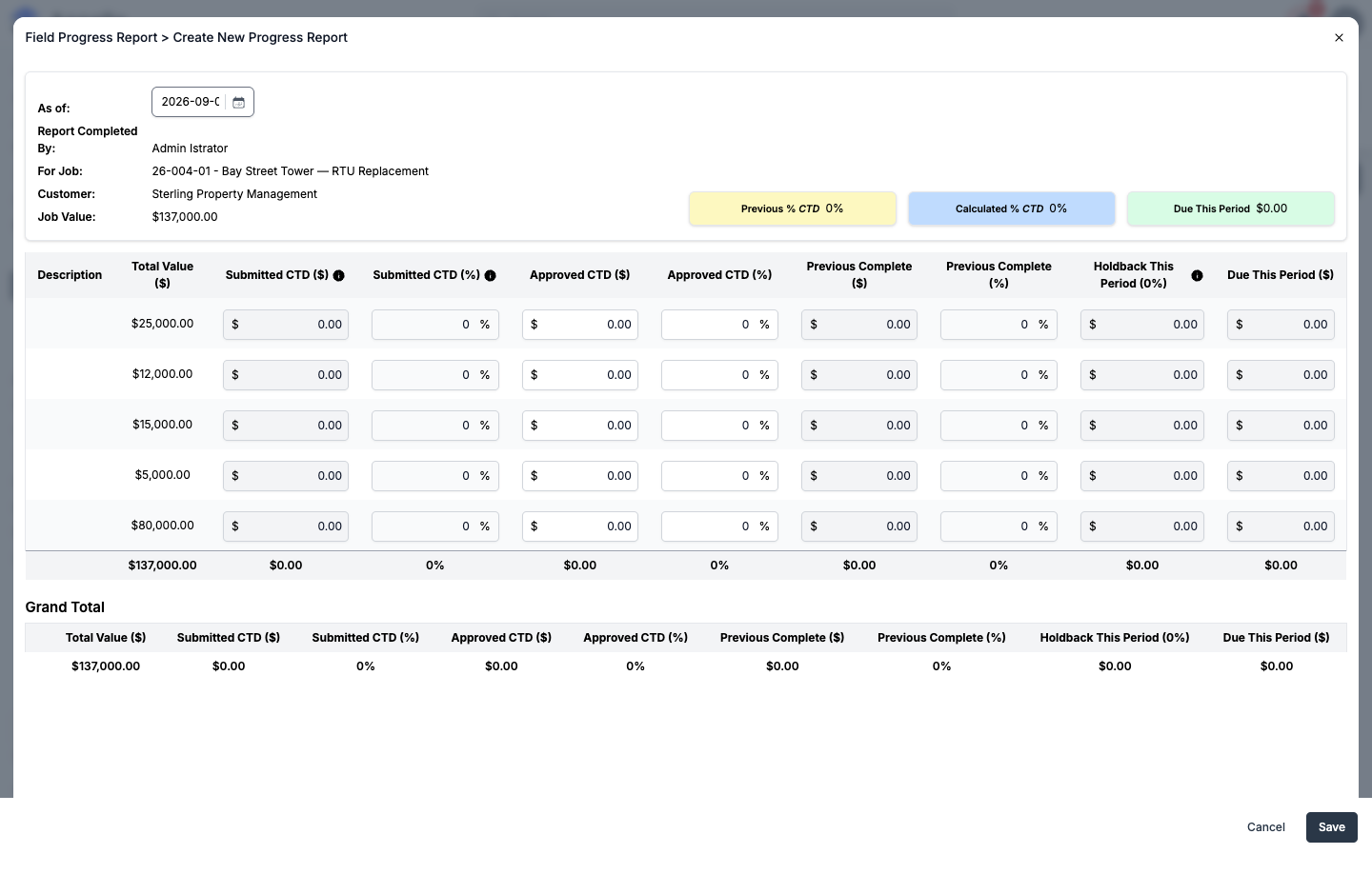 Create New Progress Report panel showing SOV line items with Submitted, Approved, Previous Complete, and Due This Period columns