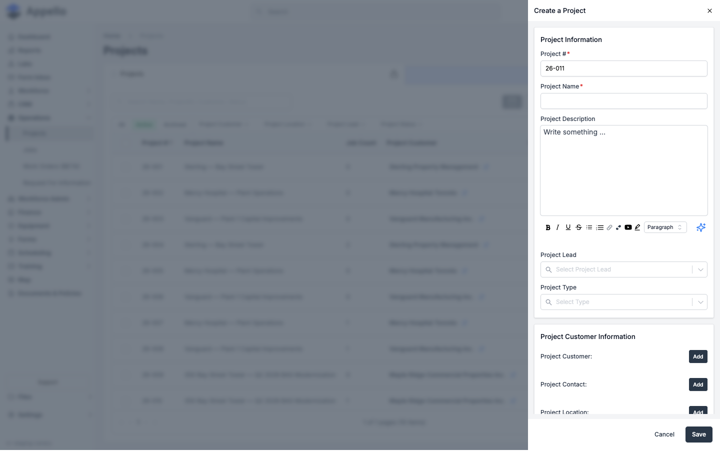Create a Project panel showing the Project Information section at the top of the form