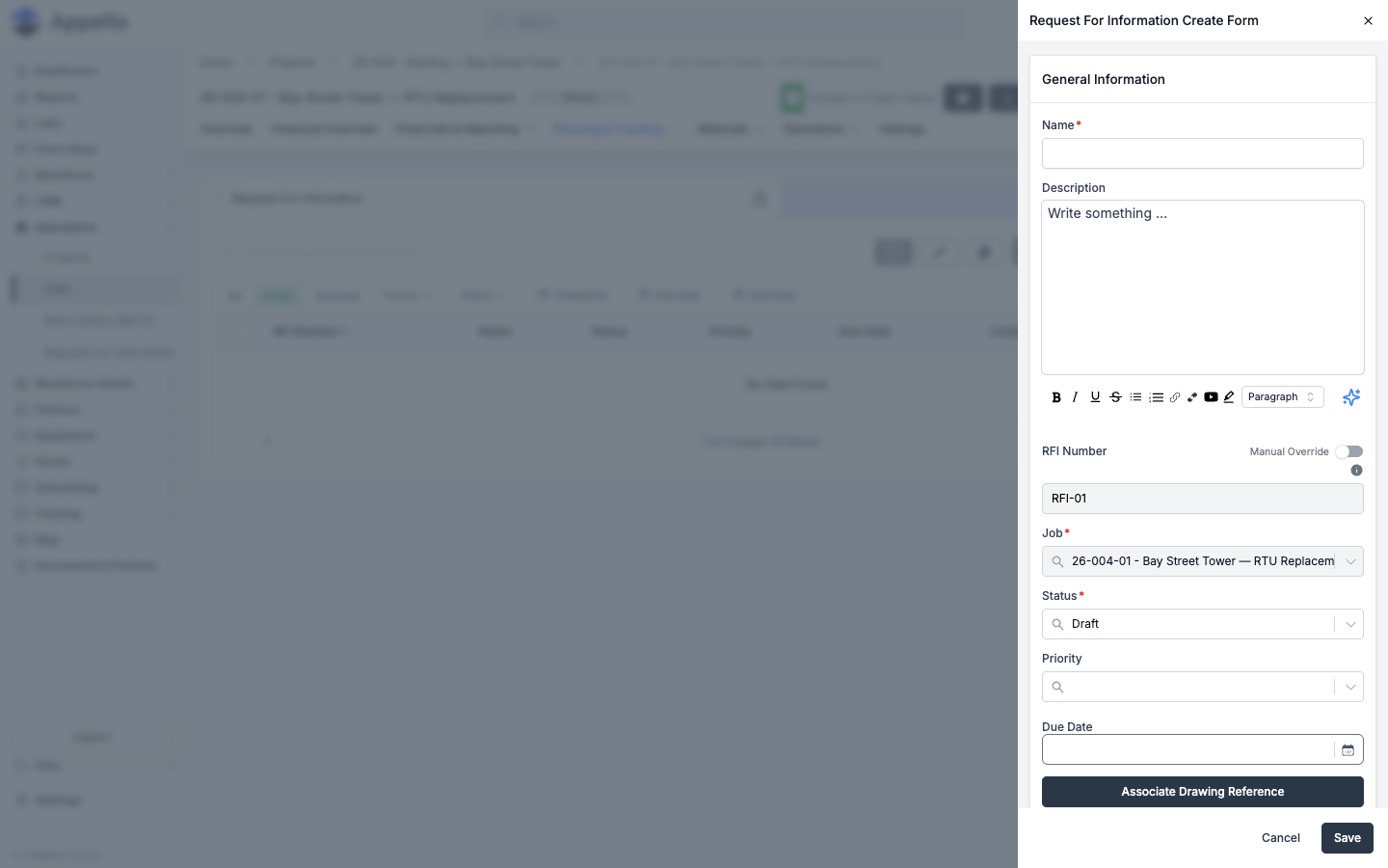 The Create Request For Information flyout form, opened from a job's RFIs tab. The Job field is pre-filled and the RFI Number has already auto-generated as RFI-01