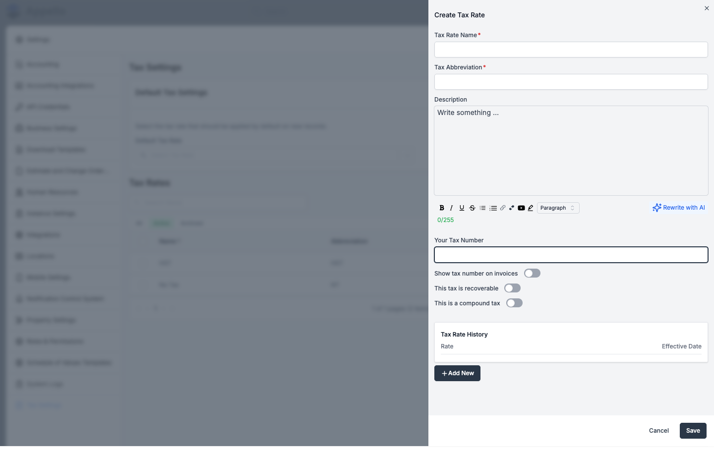 Create Tax Rate flyout — name, abbreviation, description, tax number, toggles, and Tax Rate History