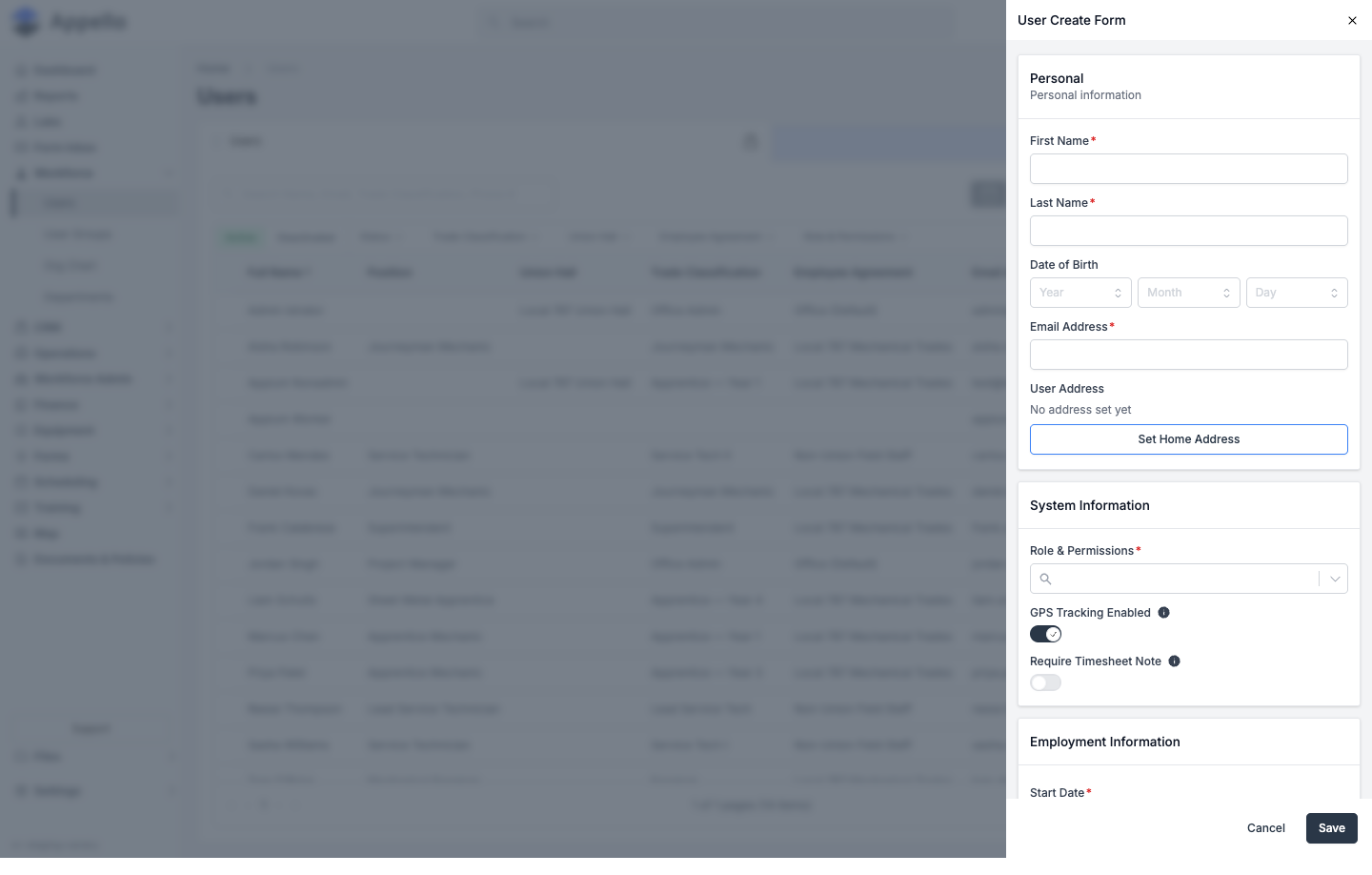 Create User panel showing Personal and System Information sections