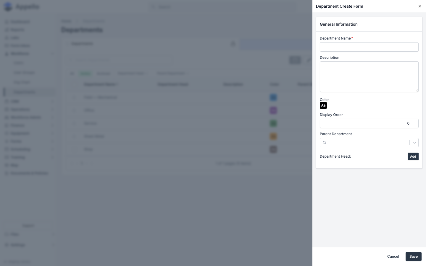 Department Create Form showing Department Name, Description, Color, Display Order, and Parent Department fields -- one live example of a Data Model Form instance
