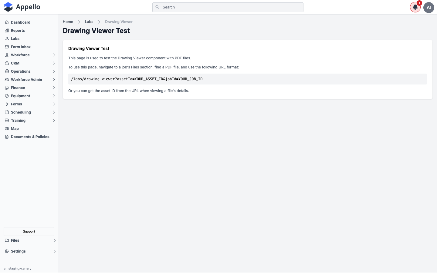 The Drawing Viewer Test placeholder page shown when no assetId is provided