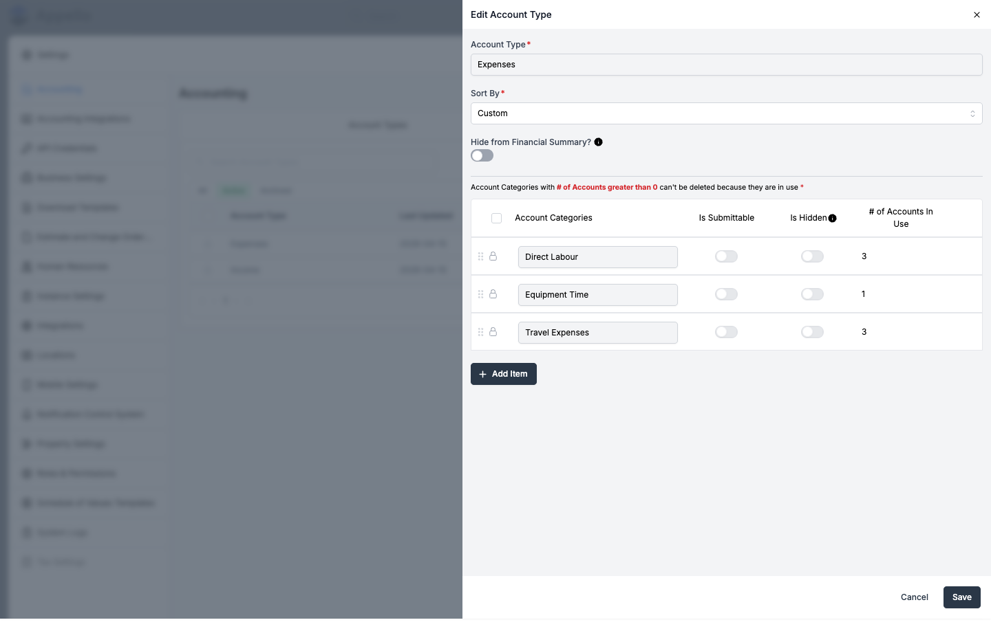 Edit Account Type panel — Expenses type with Direct Labour, Equipment Time, and Travel Expenses categories