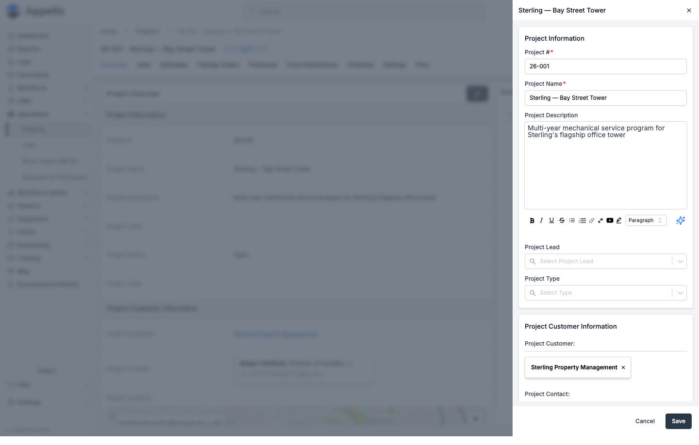 Edit Project flyout, pre-filled with Project Information and Project Customer Information