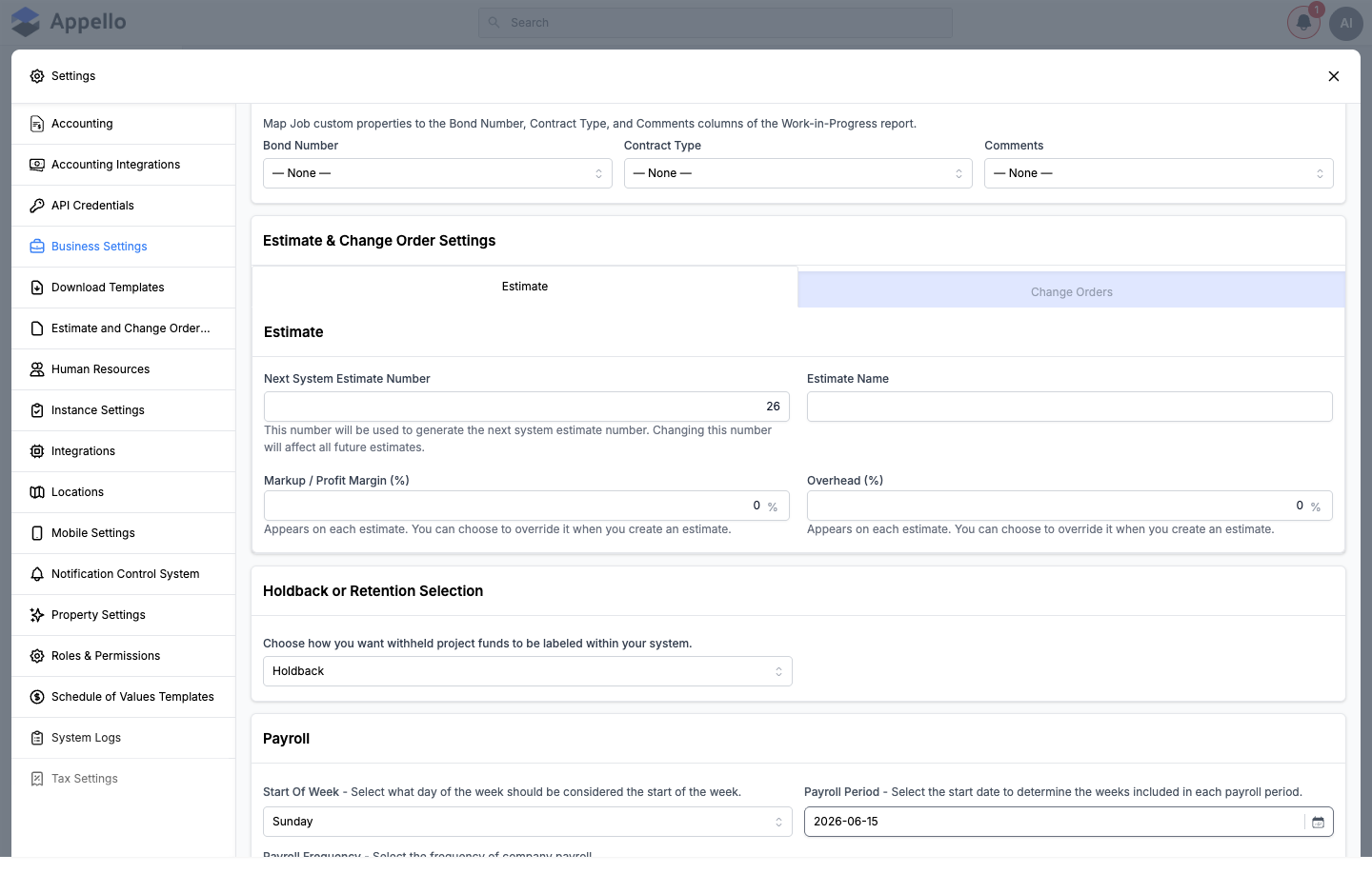 Estimate &amp; Change Order Settings, Estimate tab, showing Next System Estimate Number, Estimate Name, Markup / Profit Margin (%), and Overhead (%)