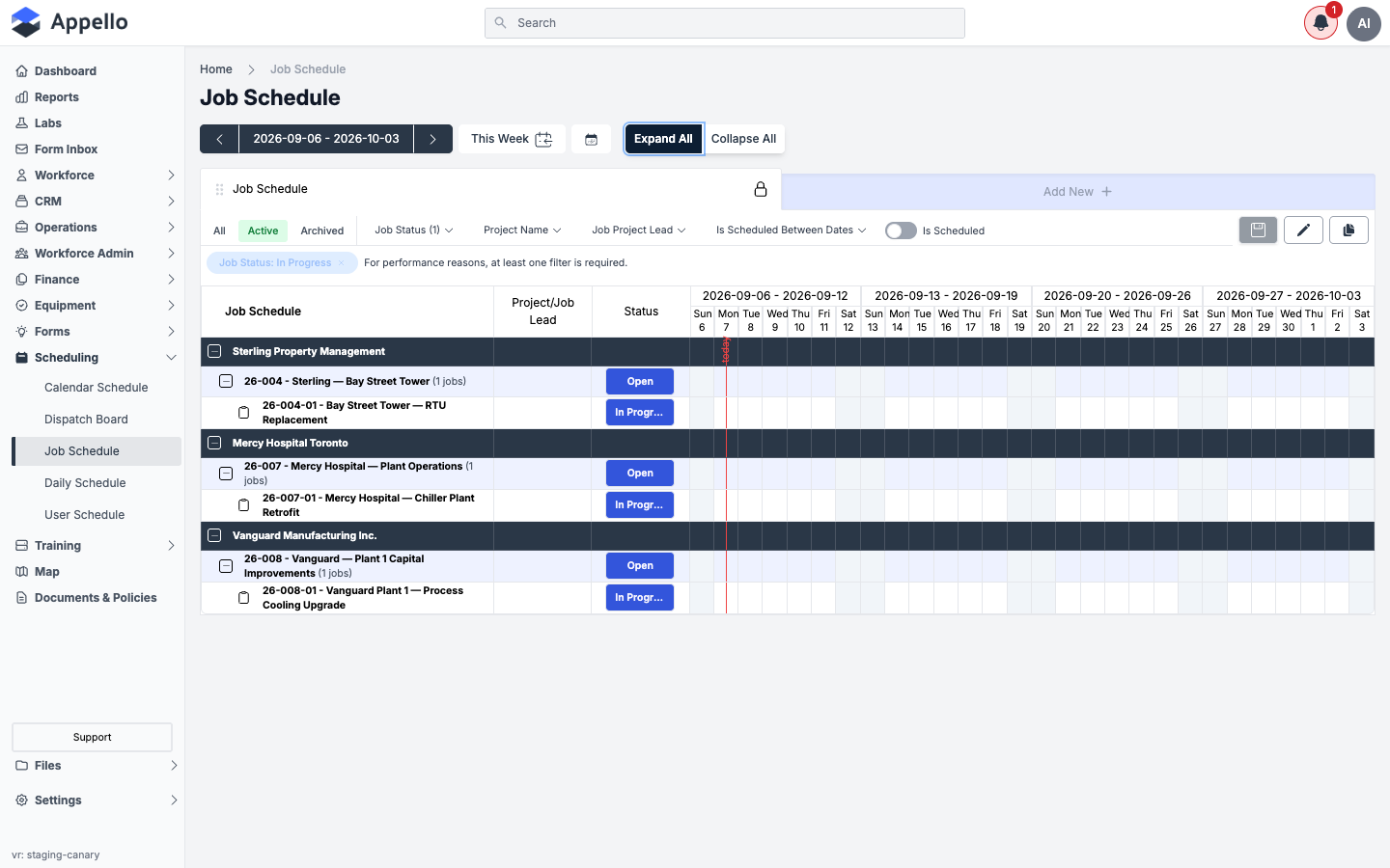 Job Schedule expanded to show customer, project, and job rows