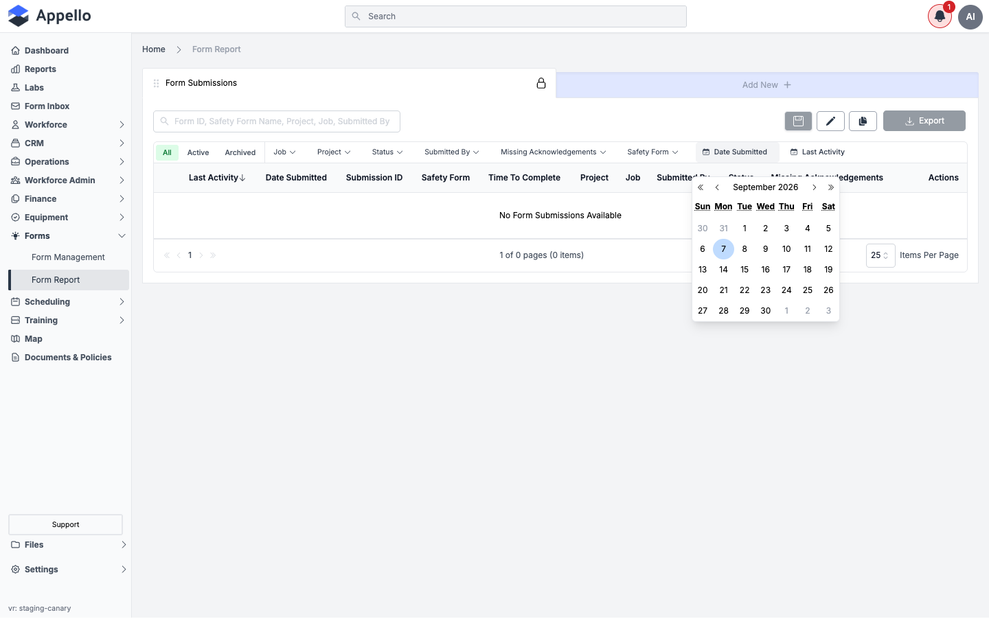 The filter bar with the Date Submitted filter open, showing a month calendar for picking a date range