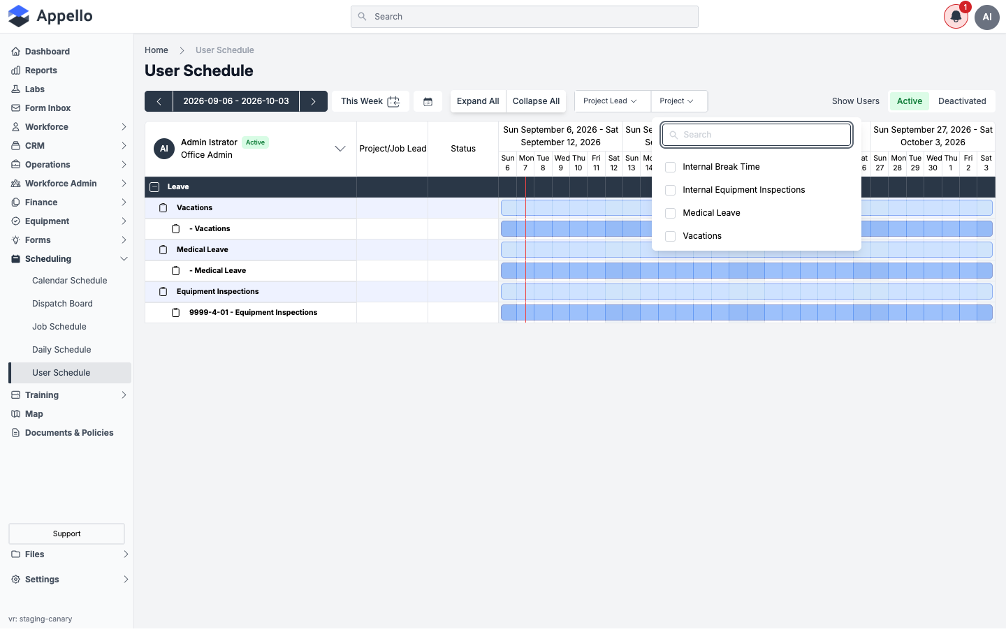 Filter bar with the Project dropdown open, showing its searchable checklist