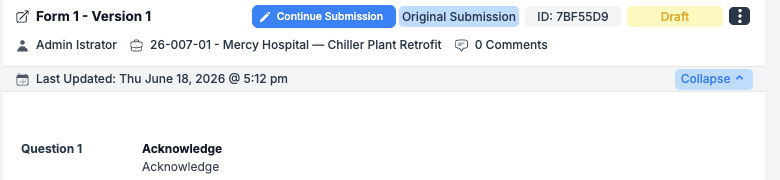 Form Inbox submission header showing the form name, ID, initiator, job, and Last Updated timestamp