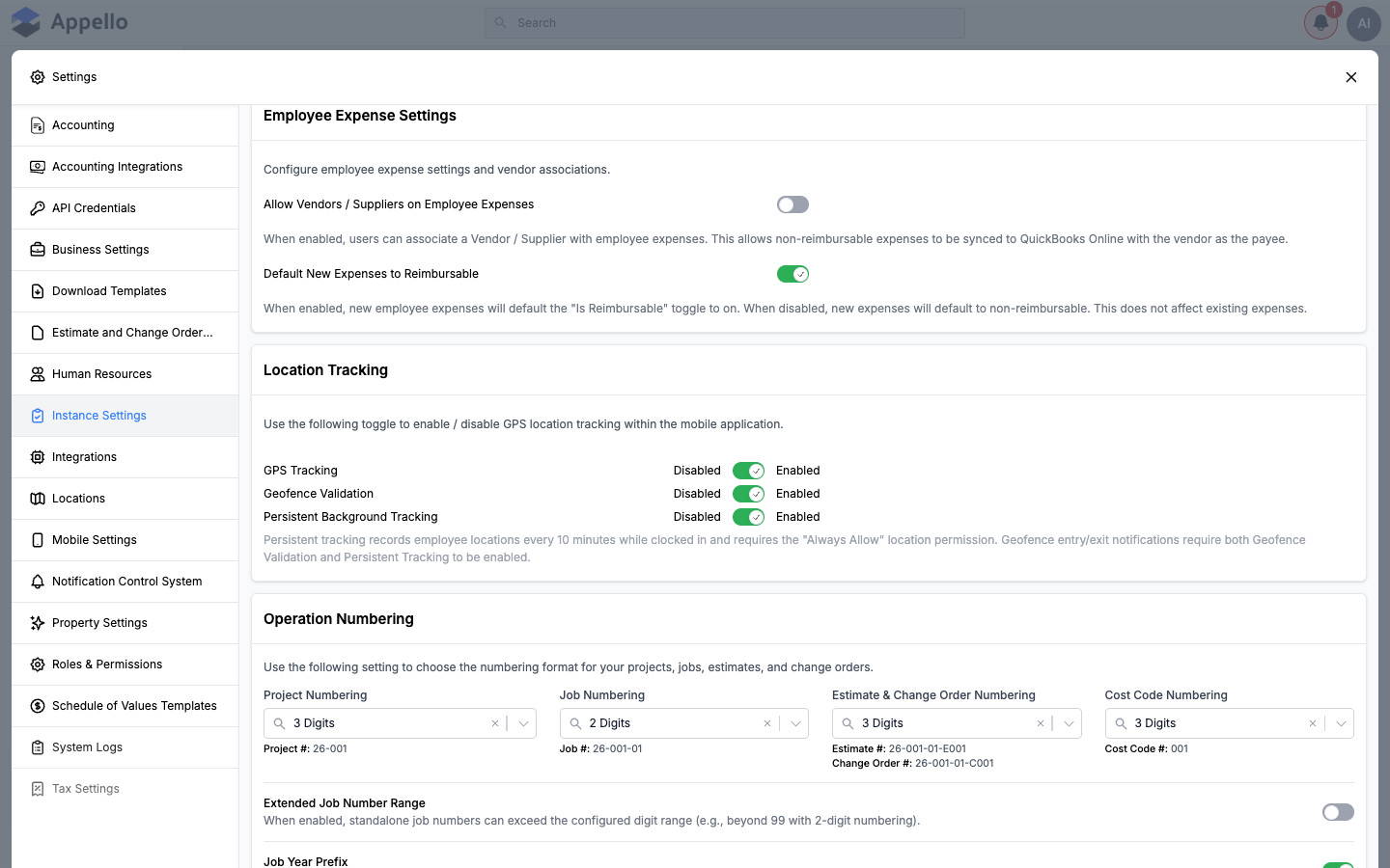 Instance Settings — Employee Expense Settings card with Allow Vendors / Suppliers on Employee Expenses and Default New Expenses to Reimbursable