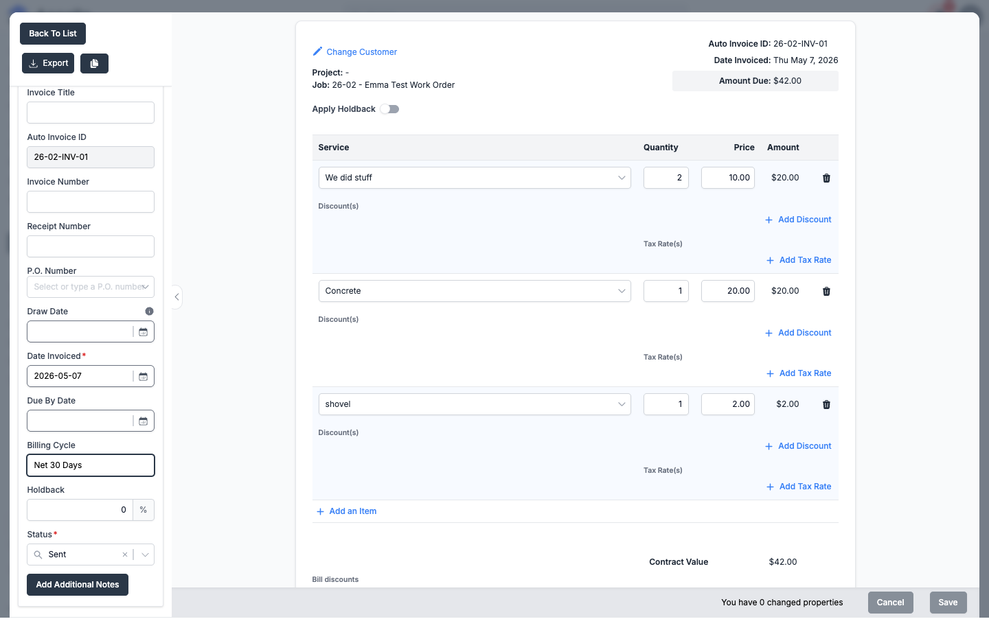 Invoice detail panel with the required Status field, showing "Sent," near the bottom of the Invoice Details sidebar