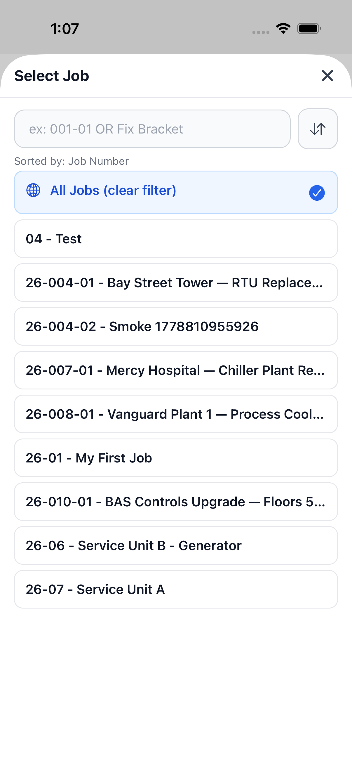 The job filter sheet open over the My Forms tab, with a search box and a list of jobs