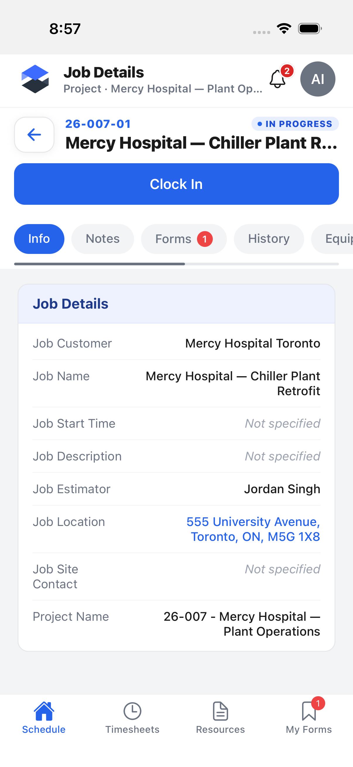 Job Info tab showing a Job Details section with Job Customer, Job Name, Job Estimator, a tappable Job Location, and Project Name