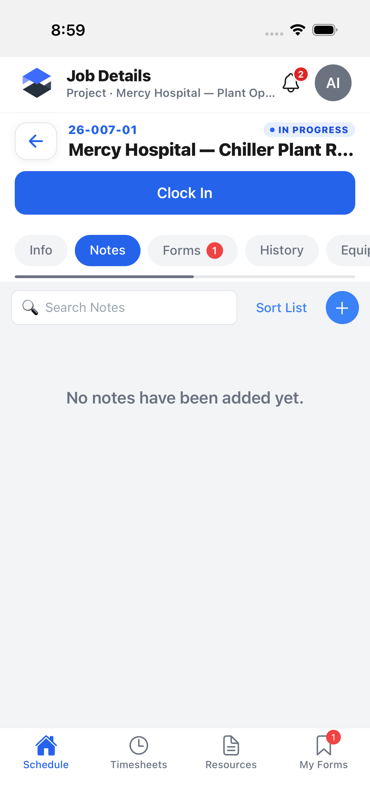 A job's Notes tab, with a search box, Sort List, a circular + button, and the note list