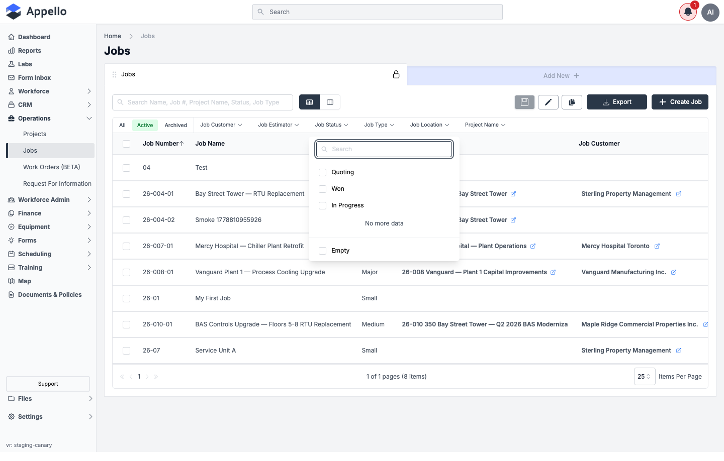 Job Status filter open, showing a searchable checklist of Quoting, Won, In Progress, and Empty