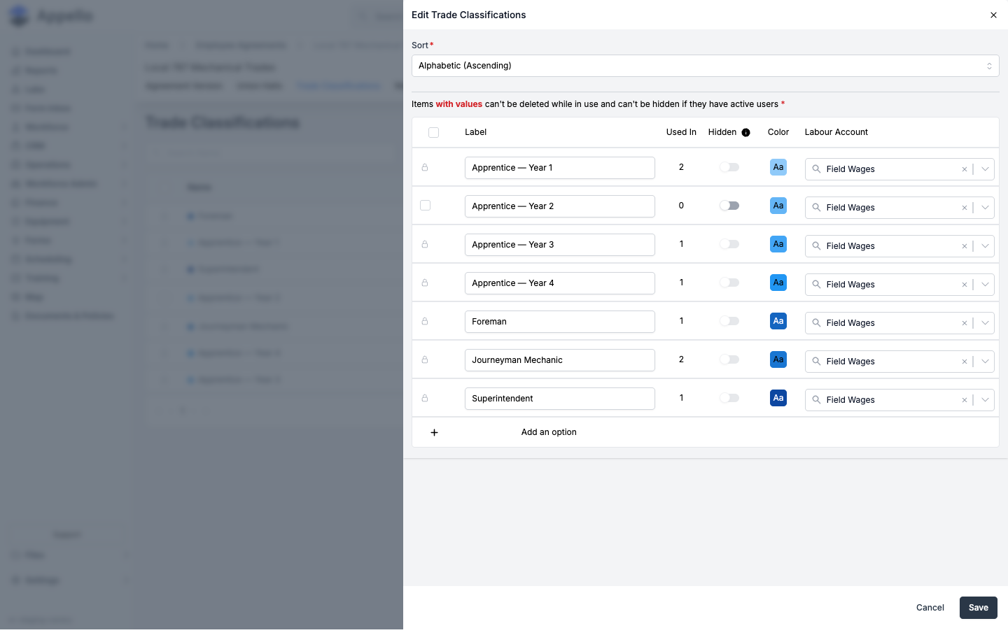 Edit Trade Classifications flyout with Sort, Label, Used In, Hidden, Color, and Labour Account columns