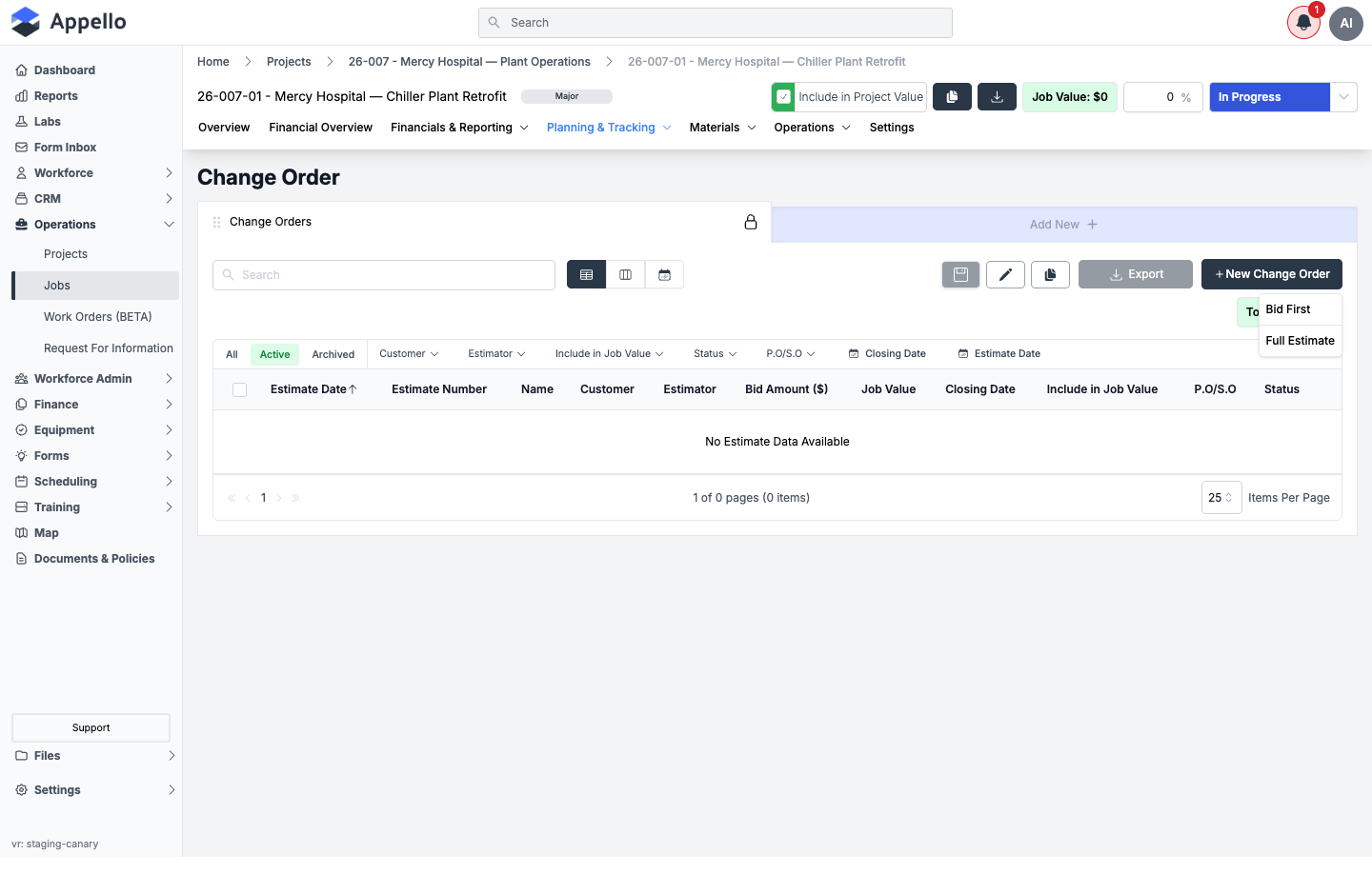 The New Change Order menu with Bid First and Full Estimate options