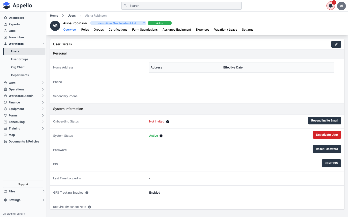 Overview tab, System Information group showing Onboarding Status, System Status, Password, and PIN with their action buttons