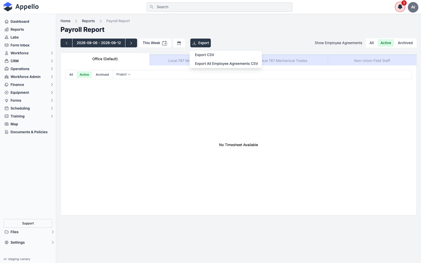 Export menu on the Payroll Report — CSV options plus one entry per payroll system enabled for the instance