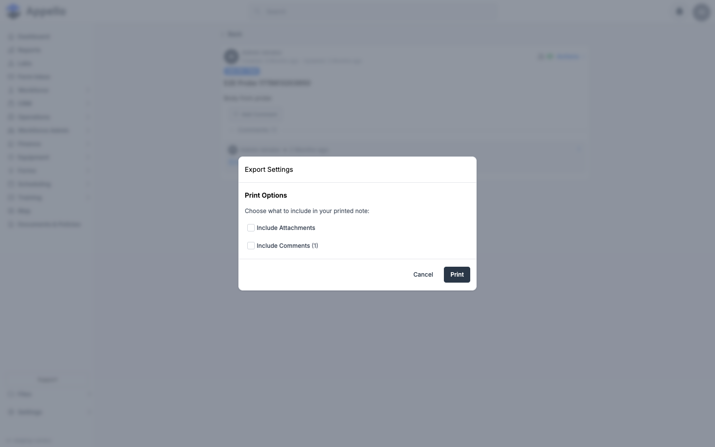 The Print Options dialog open from the standalone note page, with unchecked Include Attachments and Include Comments checkboxes