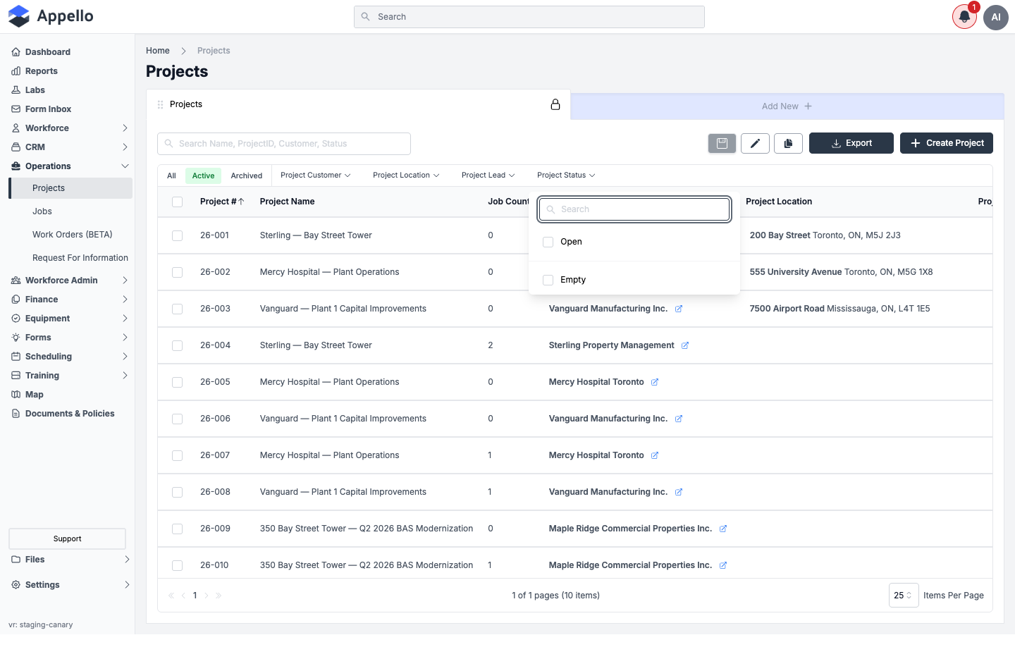 Project Status filter — searchable checklist of the statuses configured for this instance
