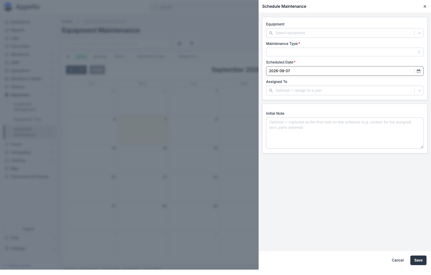 Schedule Maintenance panel with Equipment, Maintenance Type, Scheduled Date, Assigned To, and Initial Note fields