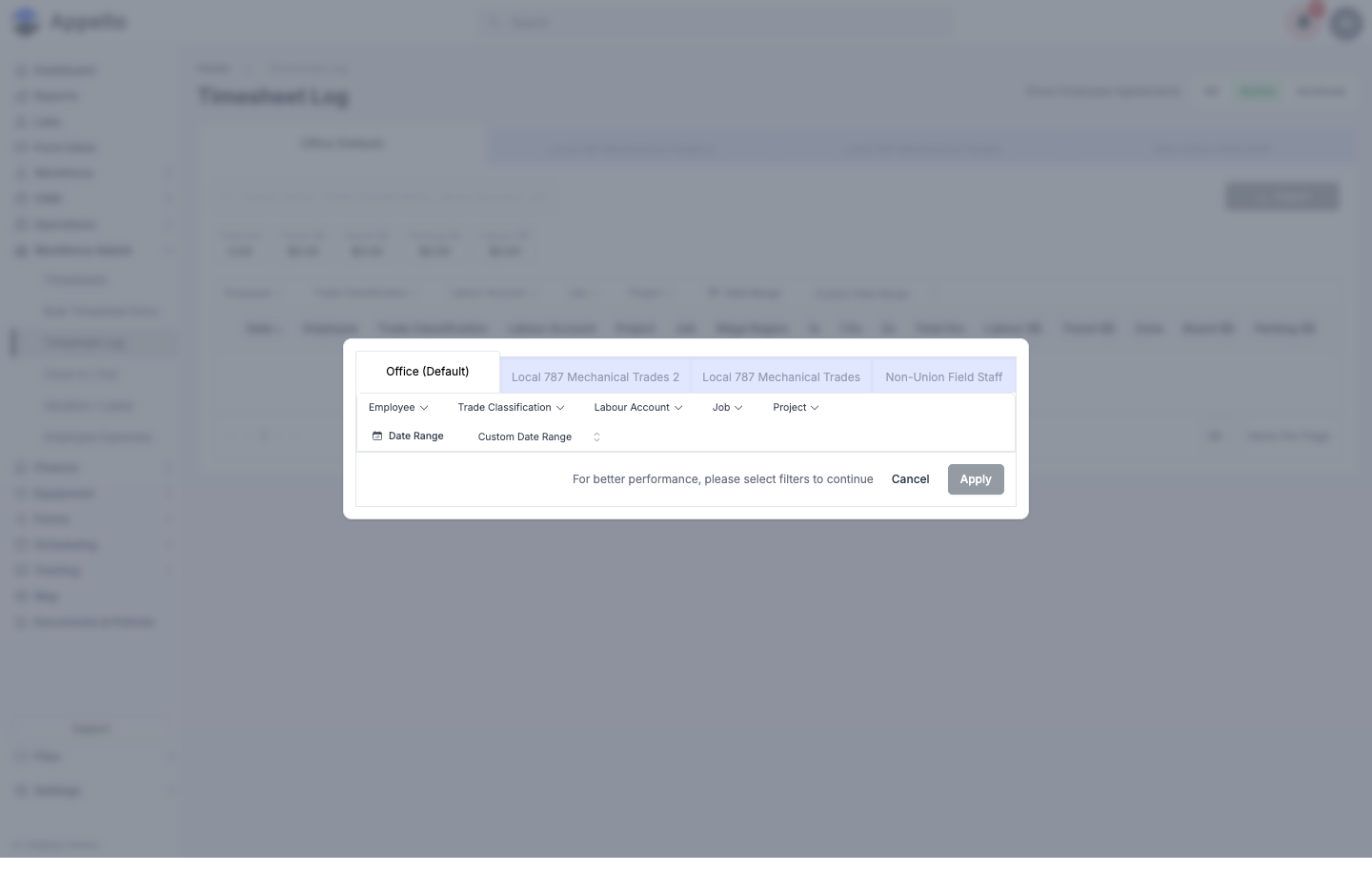 The filter panel Appello shows on first load, requiring at least one filter before results load