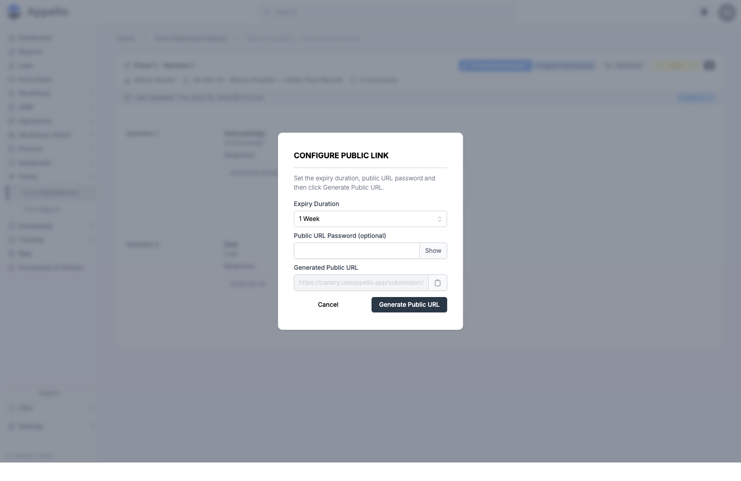 The Configure Public Link dialog: Expiry Duration set to 1 Week, an optional Public URL Password field, a disabled Generated Public URL field, and Cancel / Generate Public URL buttons