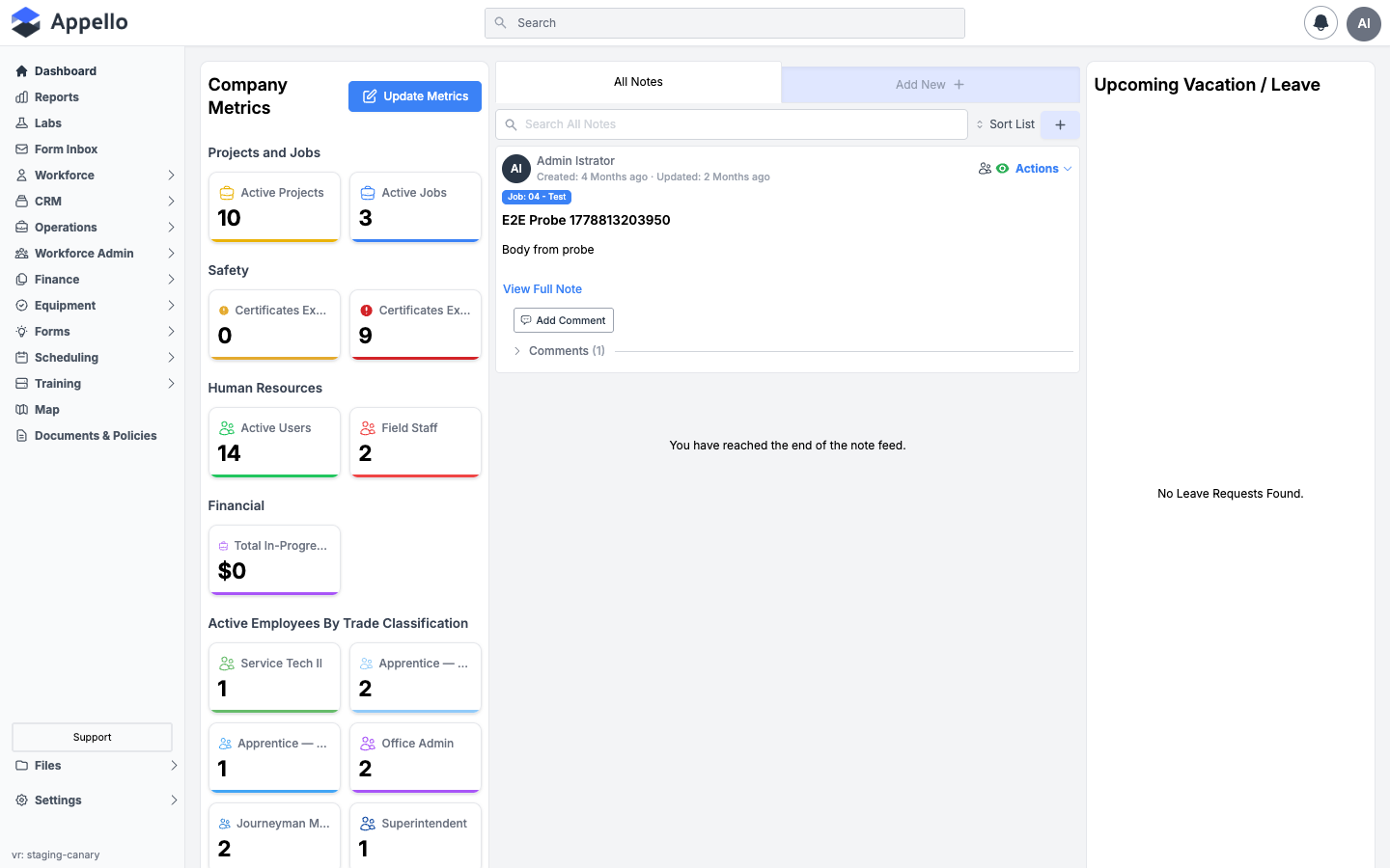 Home dashboard sidebar with no Material Order, Materials, or Inventory entries, confirming the Materials restriction hides them