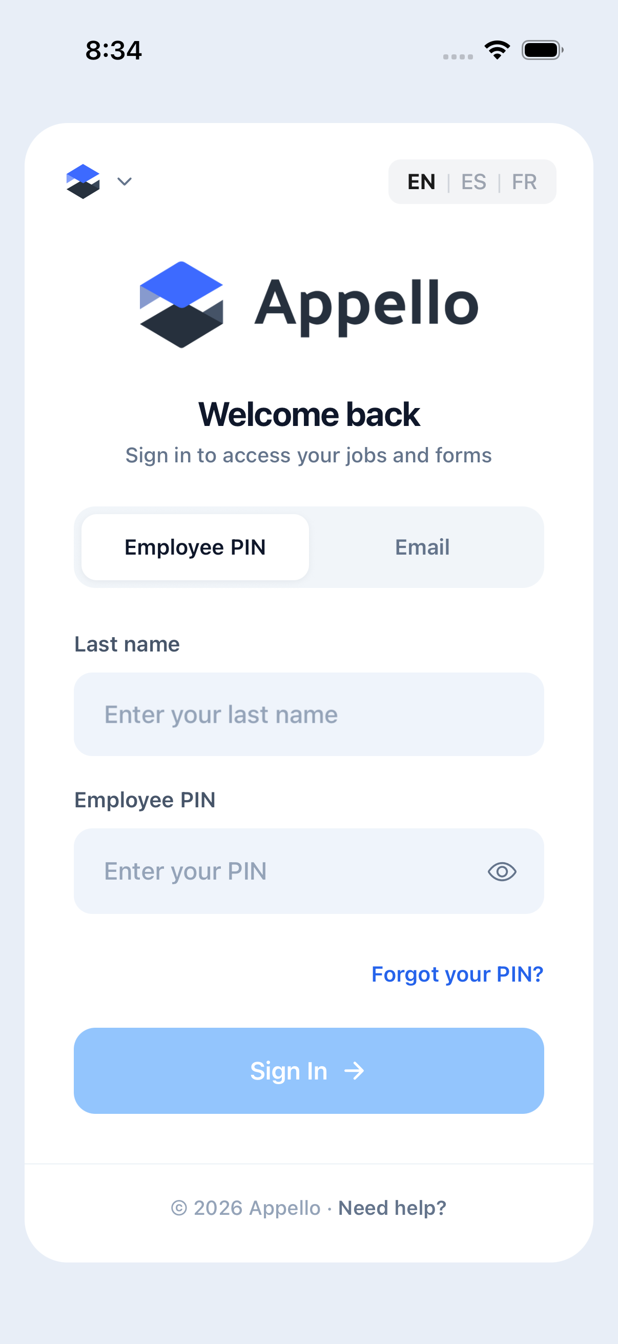 Sign-in screen showing the Employee PIN and Email tabs, with the Employee PIN tab active