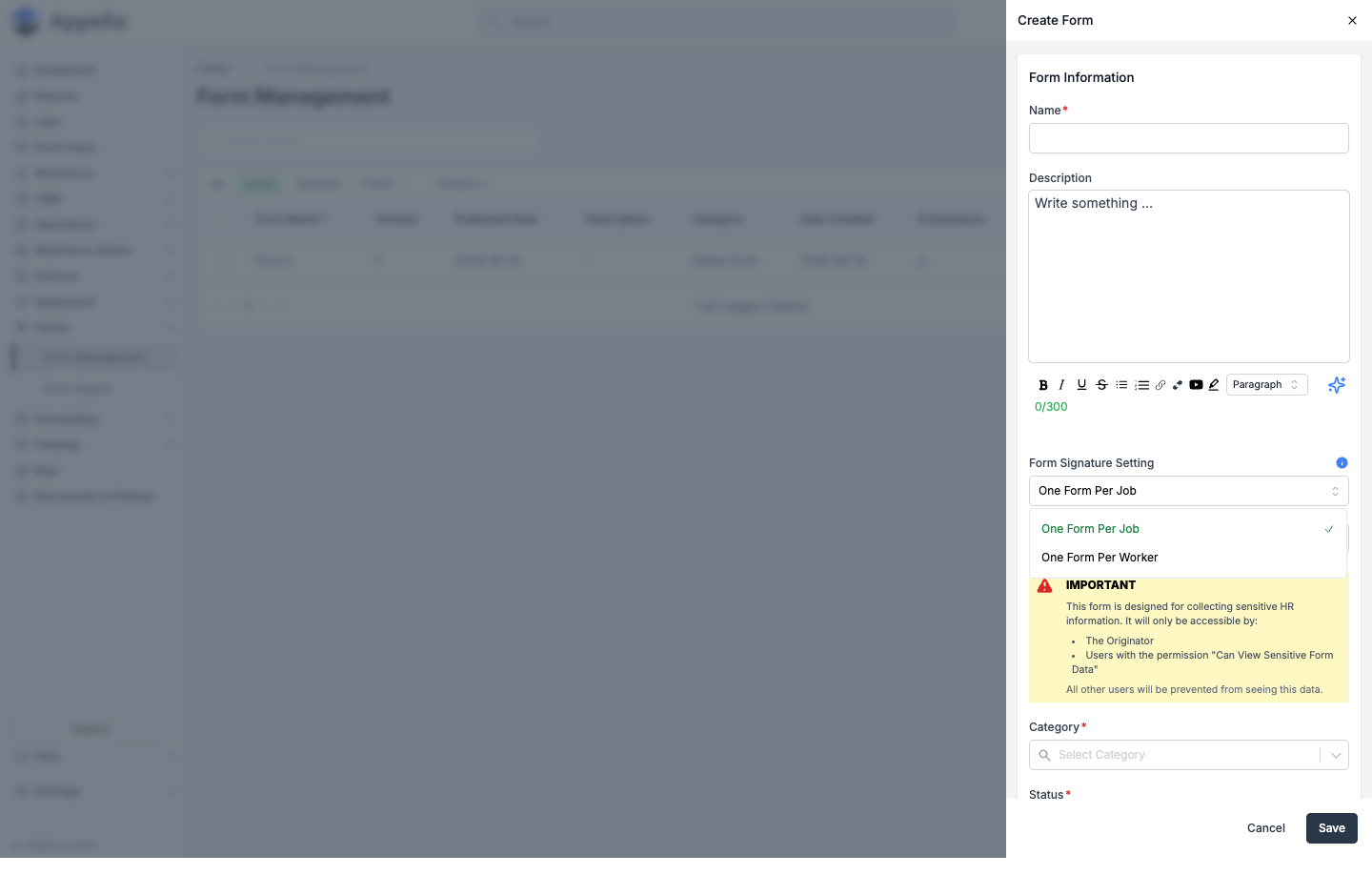 Form Signature Setting dropdown in the Create Form panel, showing One Form Per Job and One Form Per Worker options
