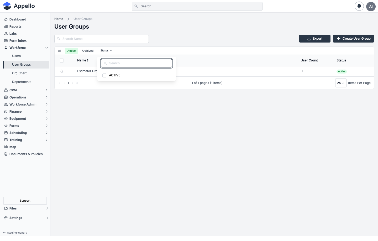 Status filter open, showing a searchable checklist populated from the groups that exist on this instance