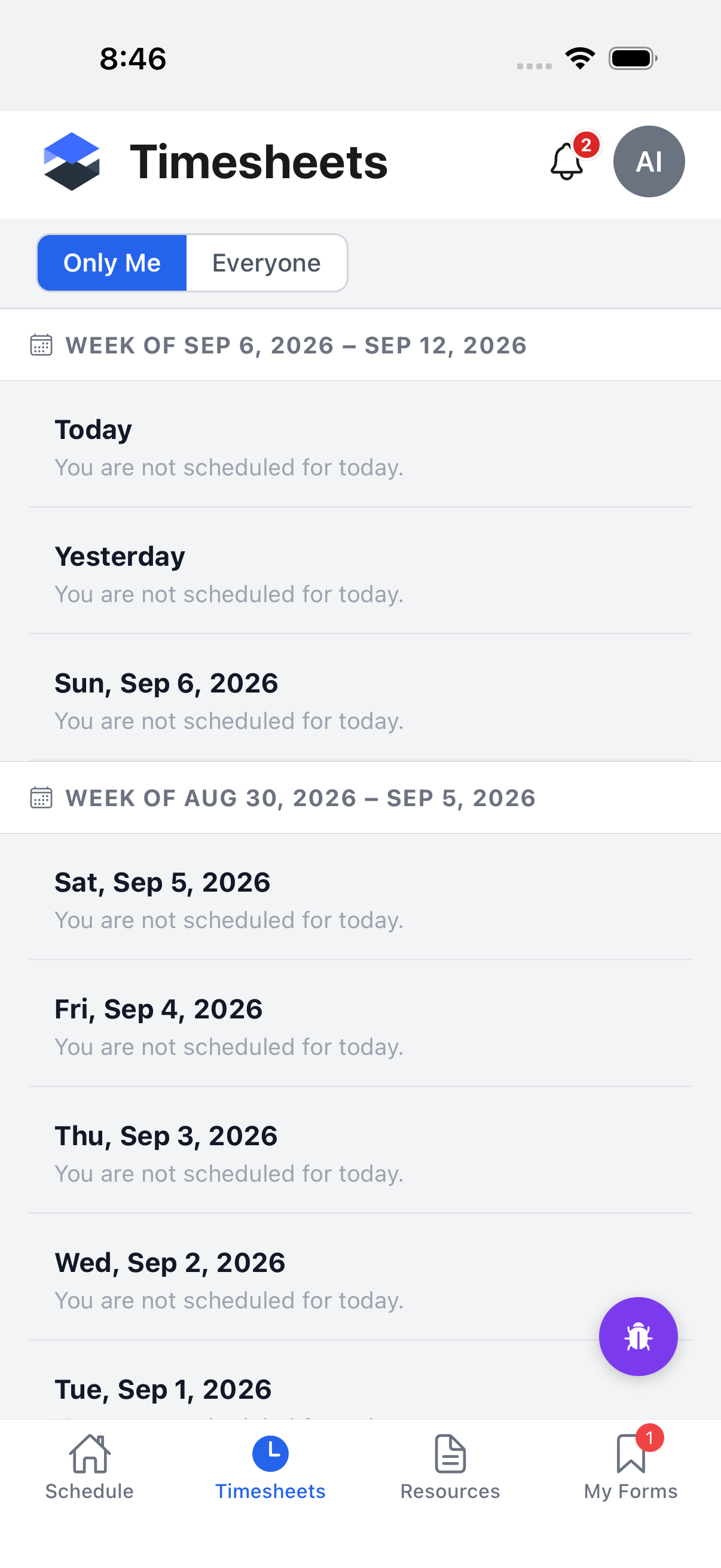 Timesheets tab showing Only Me / Everyone toggle and a week-by-week list of days