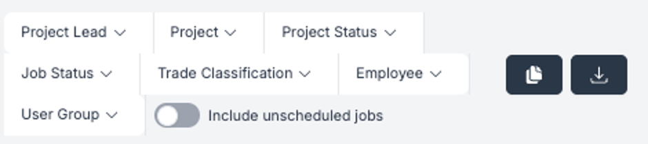 The filter bar, unscheduled-jobs toggle, and the Copy Schedule and export buttons