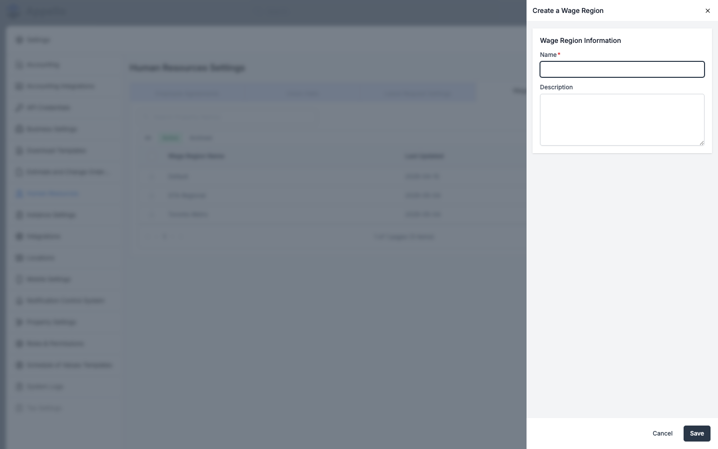 Create a Wage Region flyout with Name and Description fields