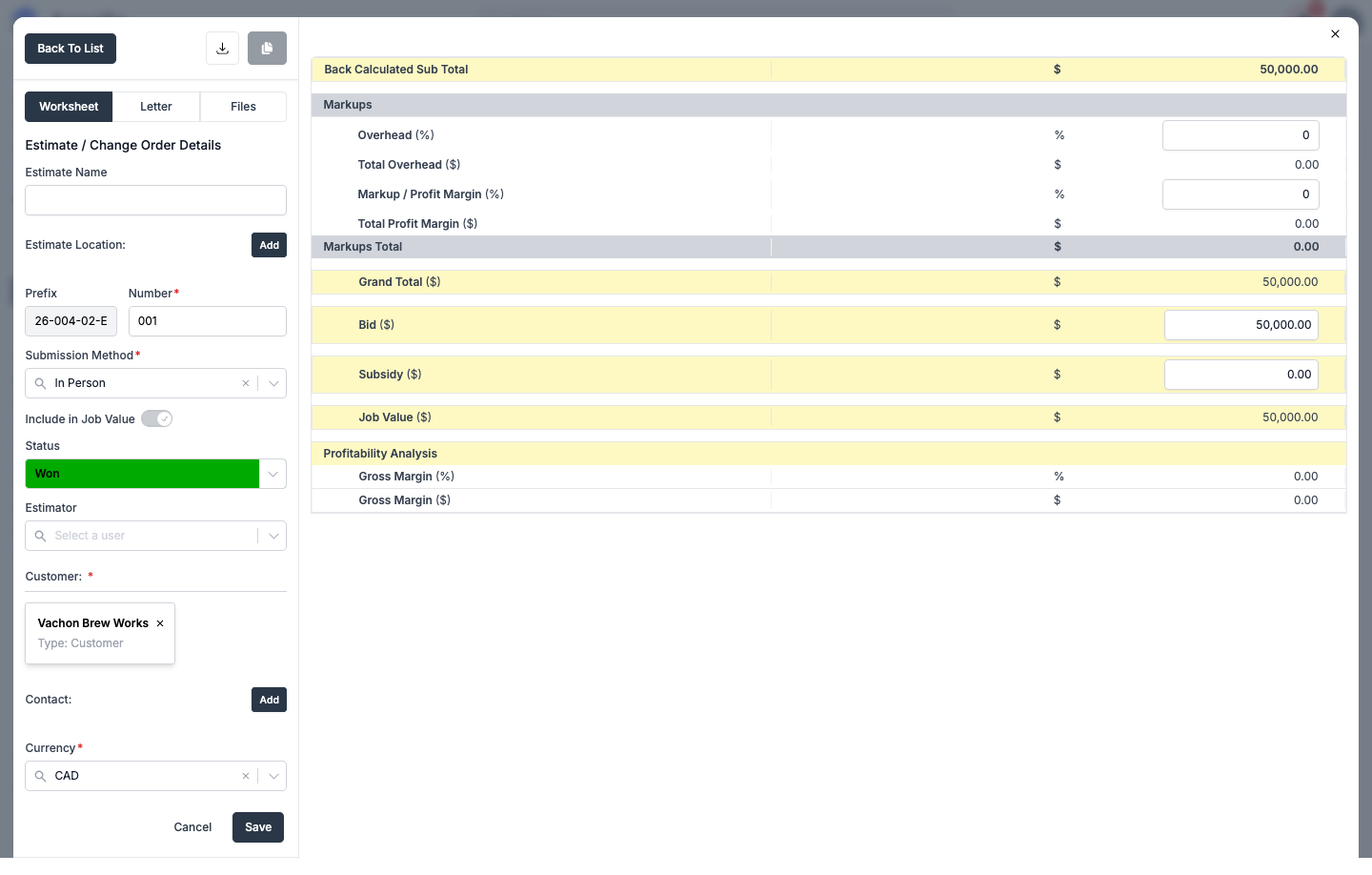 Bid First worksheet showing Bid, Overhead, Markup/Profit Margin, Subsidy, and Profitability Analysis fields