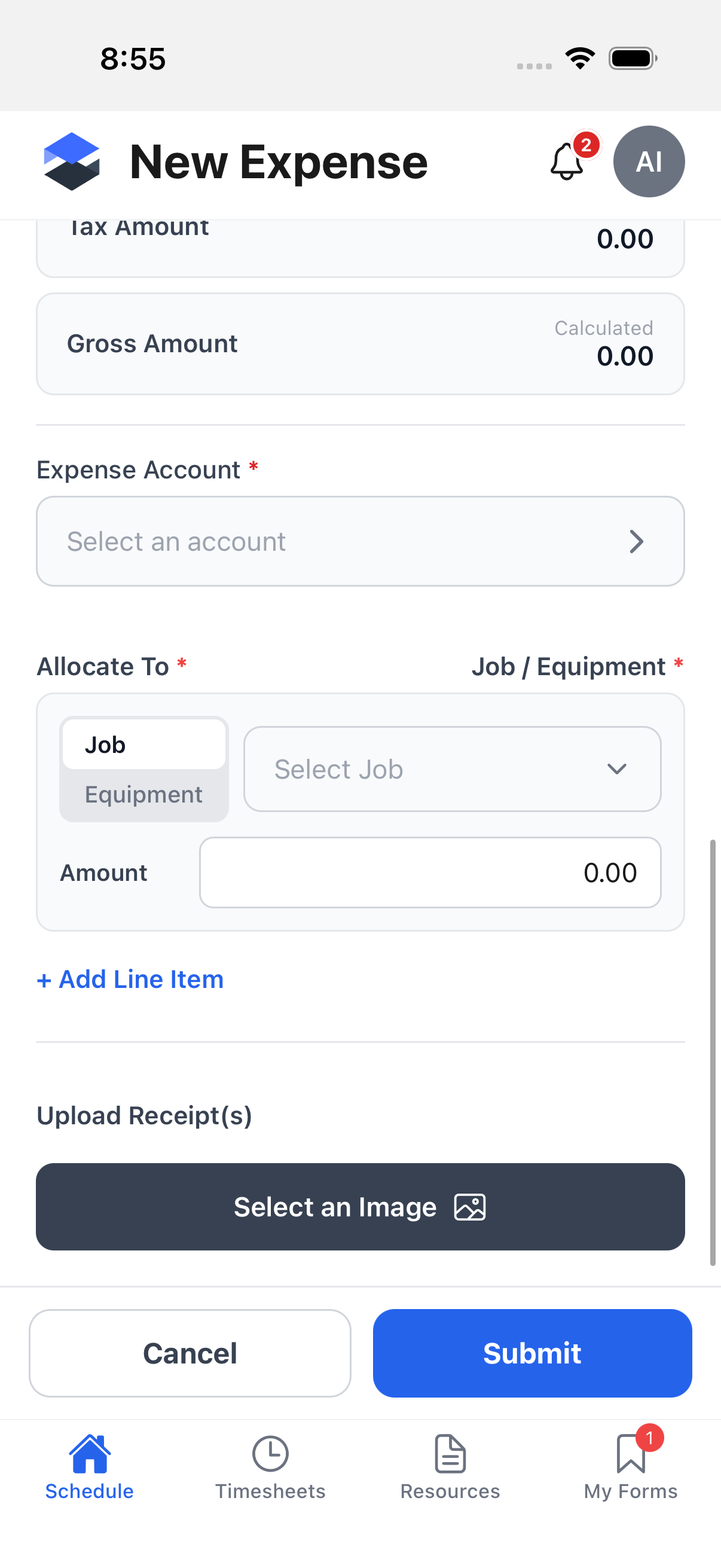 Bottom of the New Expense form showing the Allocate To section, Add Line Item, and the Select an Image receipt button