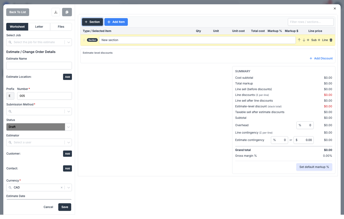 A new section row added to the takeoff table, with reorder, add-subsection, add-line, and delete controls